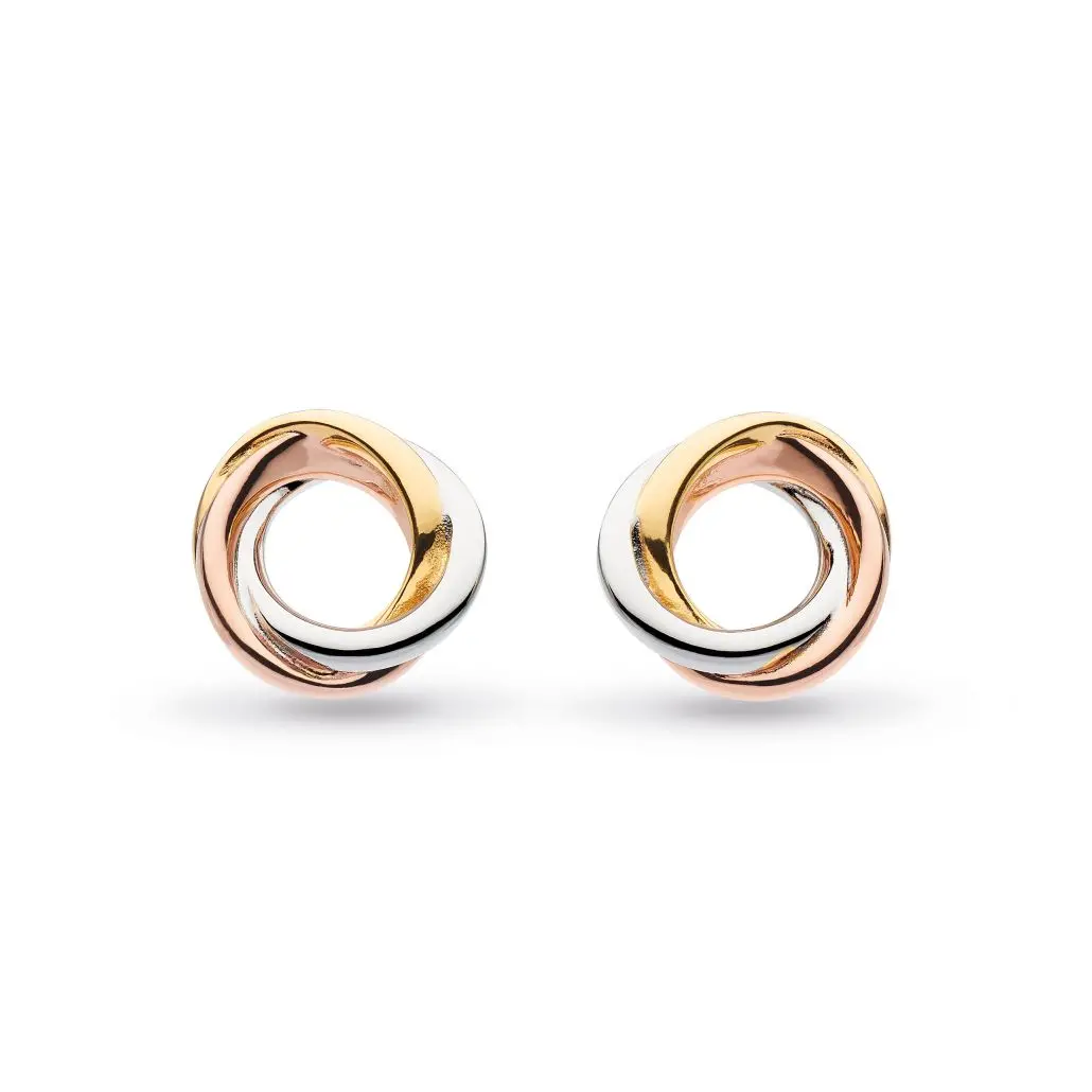 Silver & Yellow And Rose Gold Plated Bevel Cirque Trilogy Stud Earrings 1