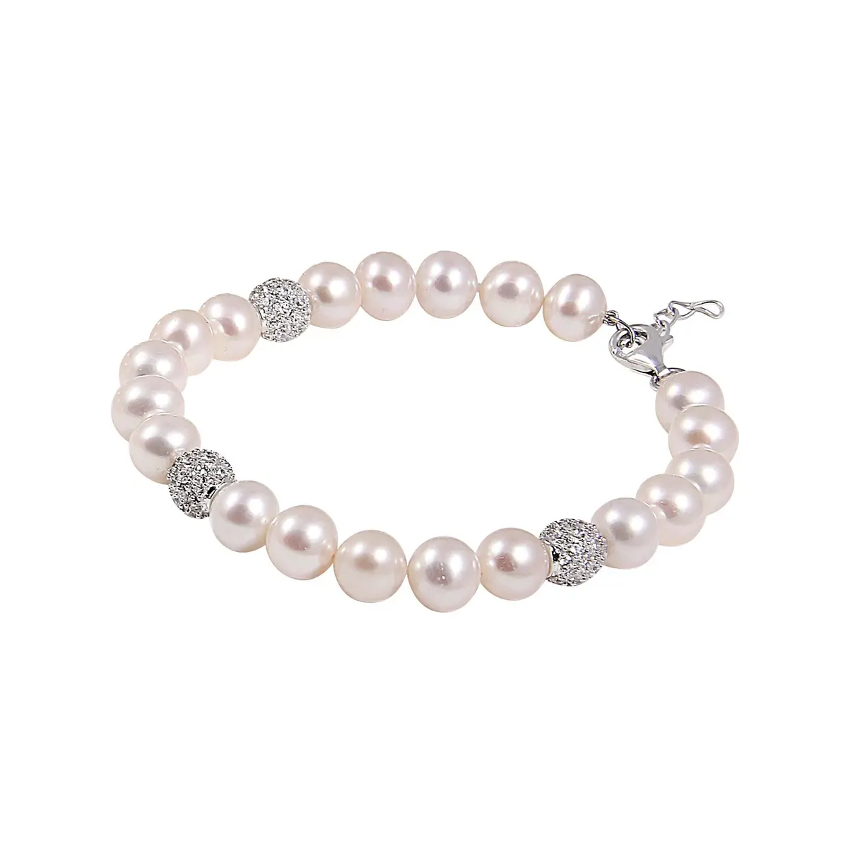 8.0-8.5Mm Cultured Freshwater Pearl & Cubic Zirconia Set Ball Bracelet 1