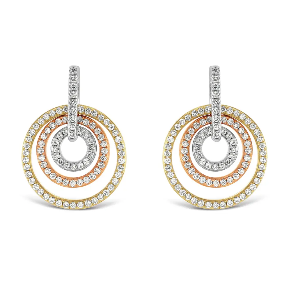 18Ct Yellow, White & Rose Gold Diamond Set Concentric Circle Drop Earrings 1