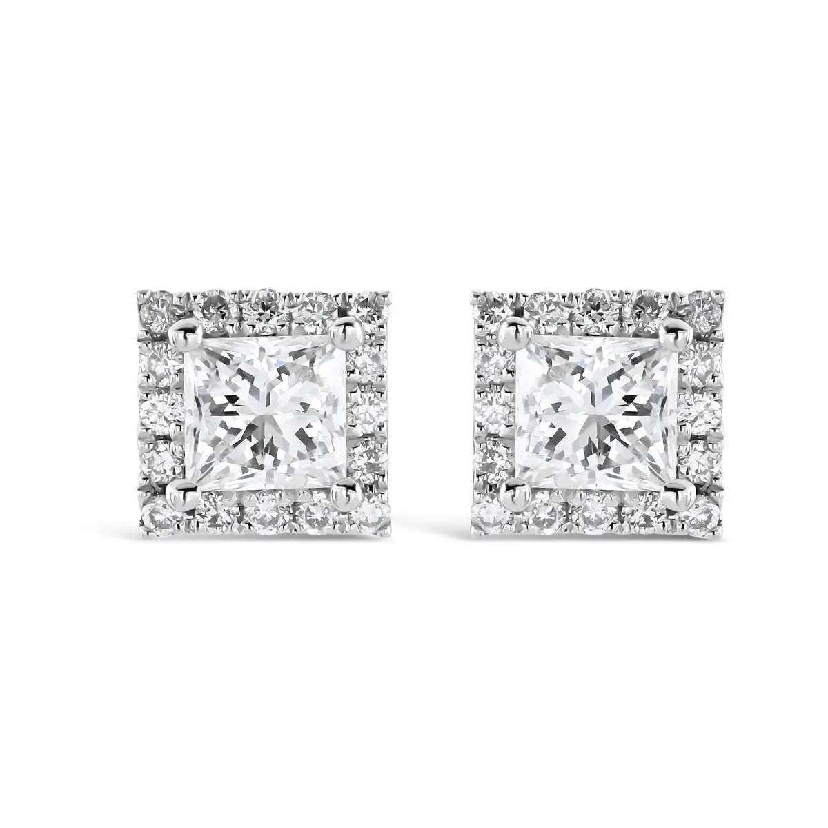 18Ct White Gold Princess Cut Diamond Halo Cluster Stud Earrings 1