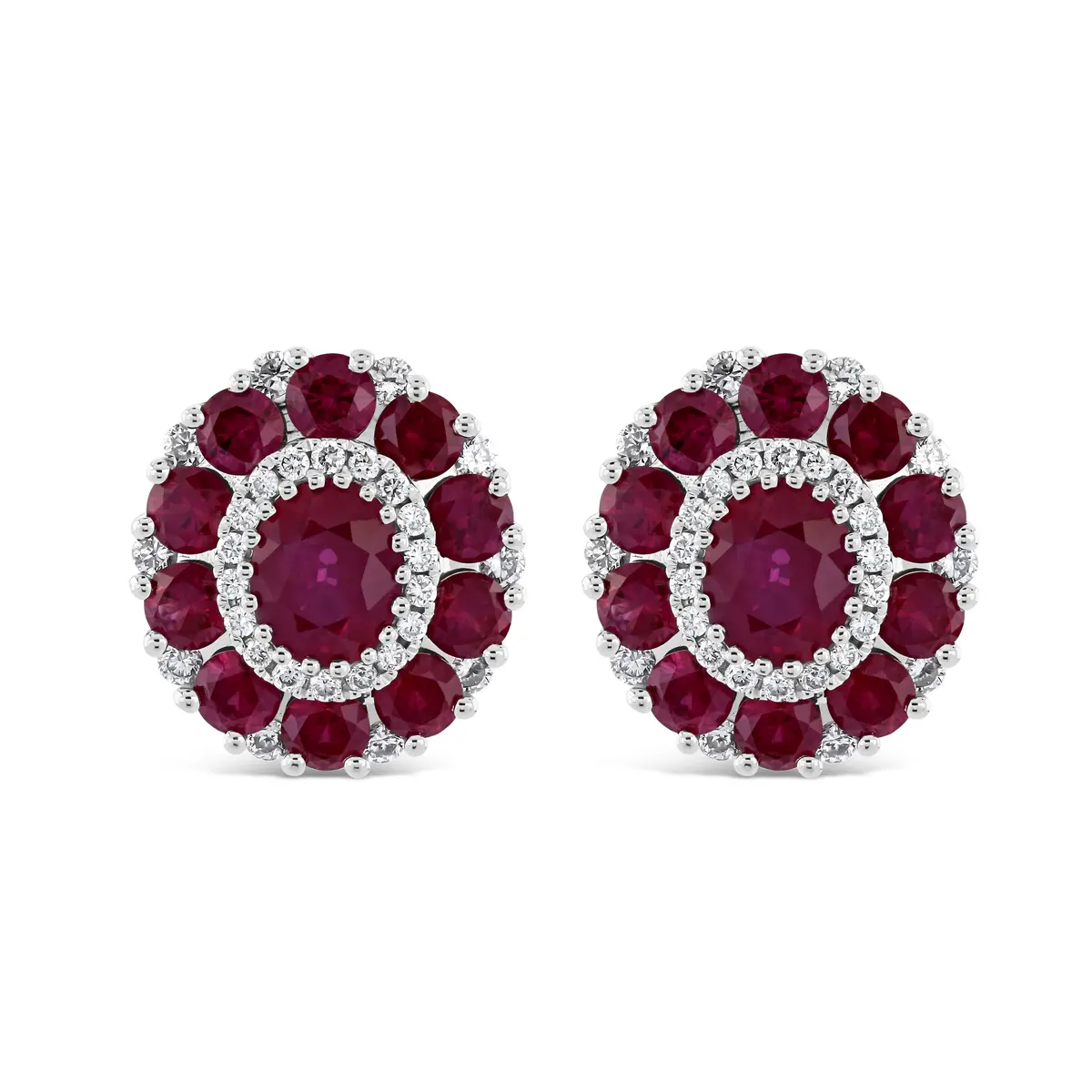 18Ct White Gold Oval Cut Ruby & Diamond Cluster Stud Earrings 1