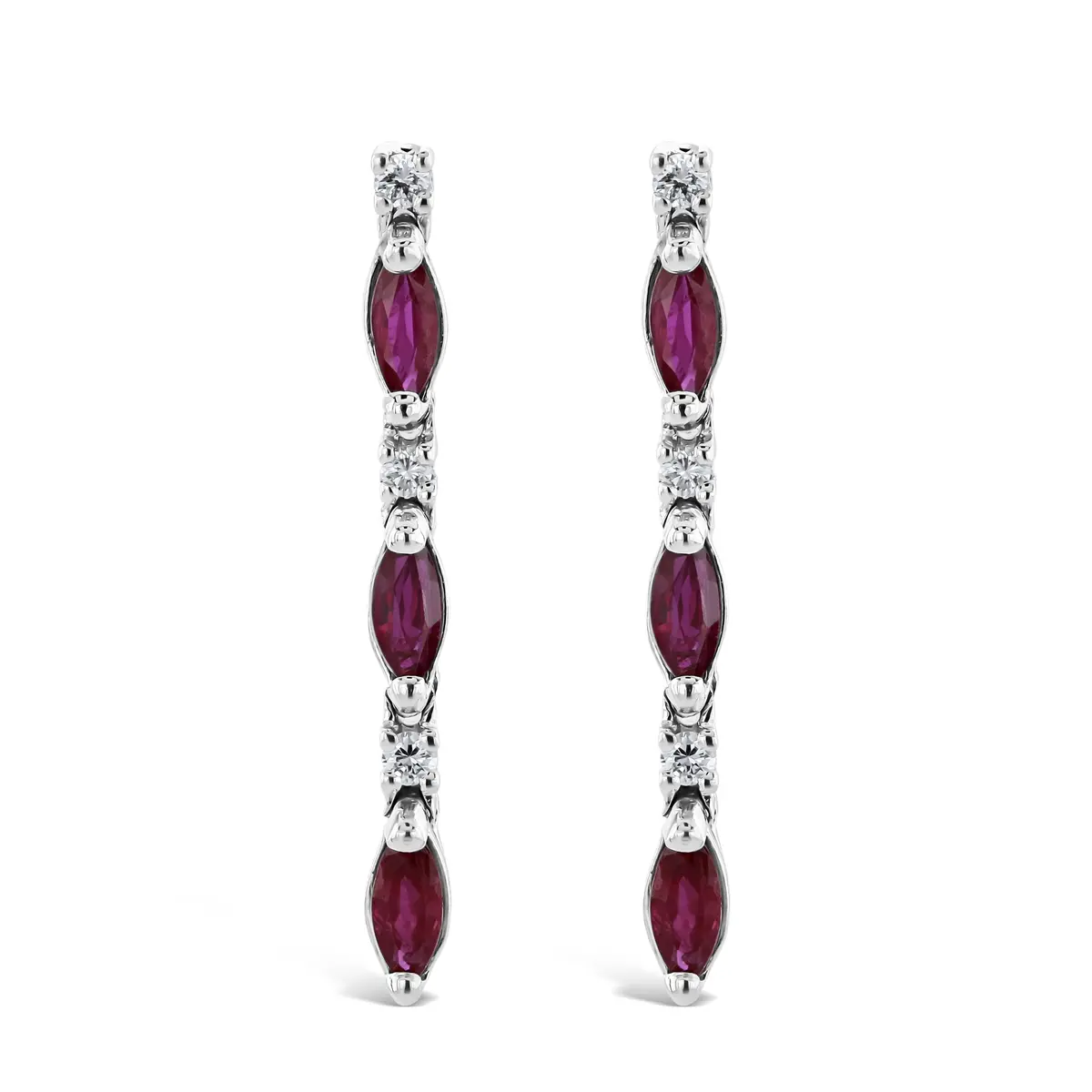 18Ct White Gold Marquise Cut Ruby & Diamond Line Drop Earrings 1