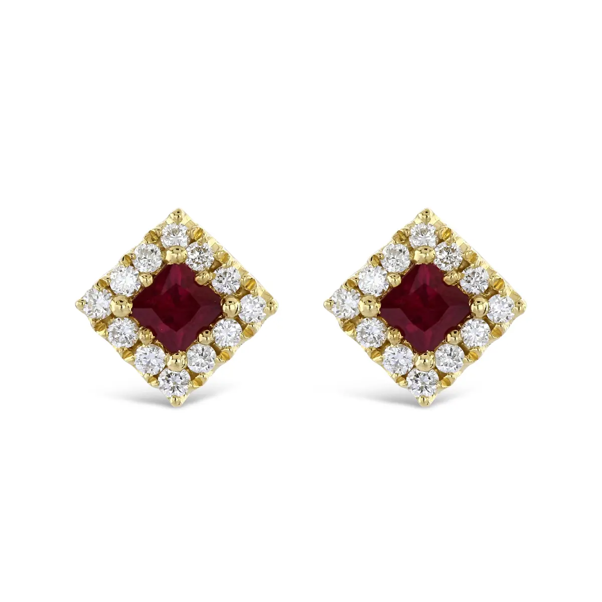 18Ct Yellow Gold Sqaure Cut Ruby & Diamond Halo Cluster Stud Earrings 1