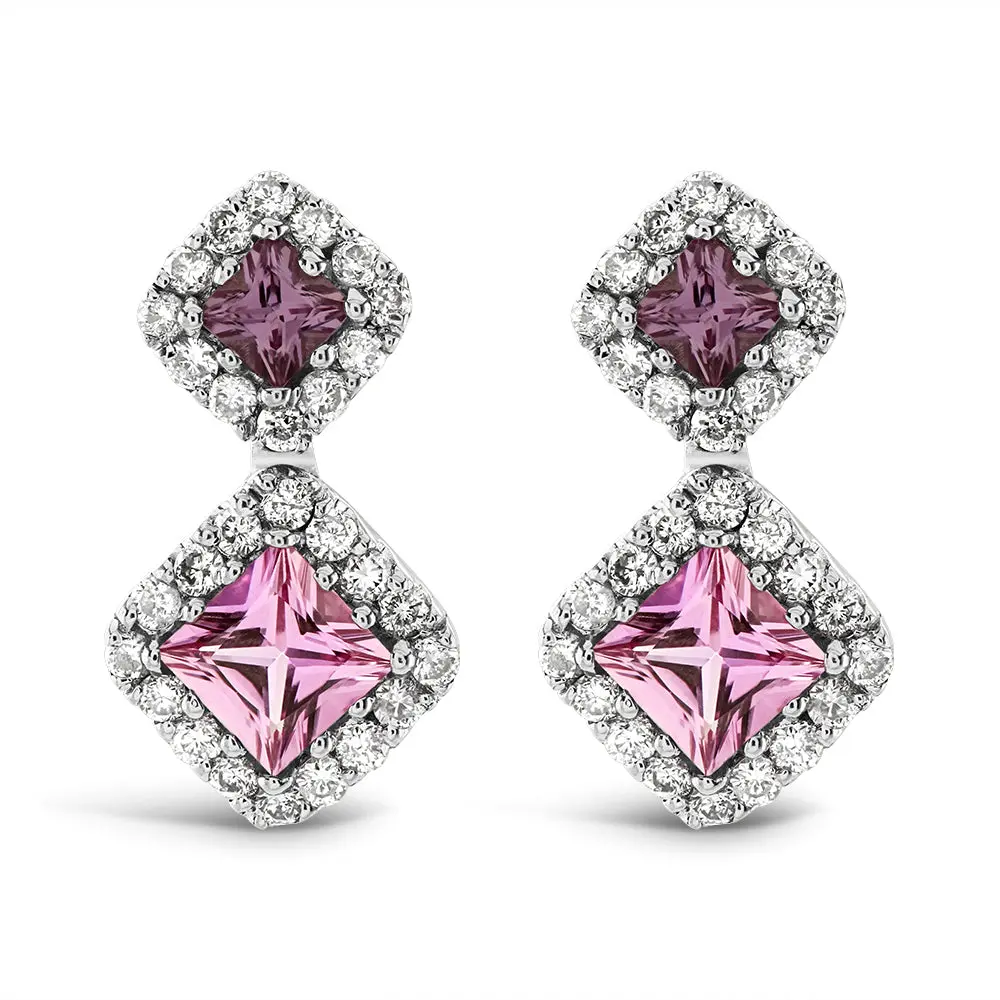 18Ct White Gold Pink Sapphire & Diamond Cluster Drop Earrings 1