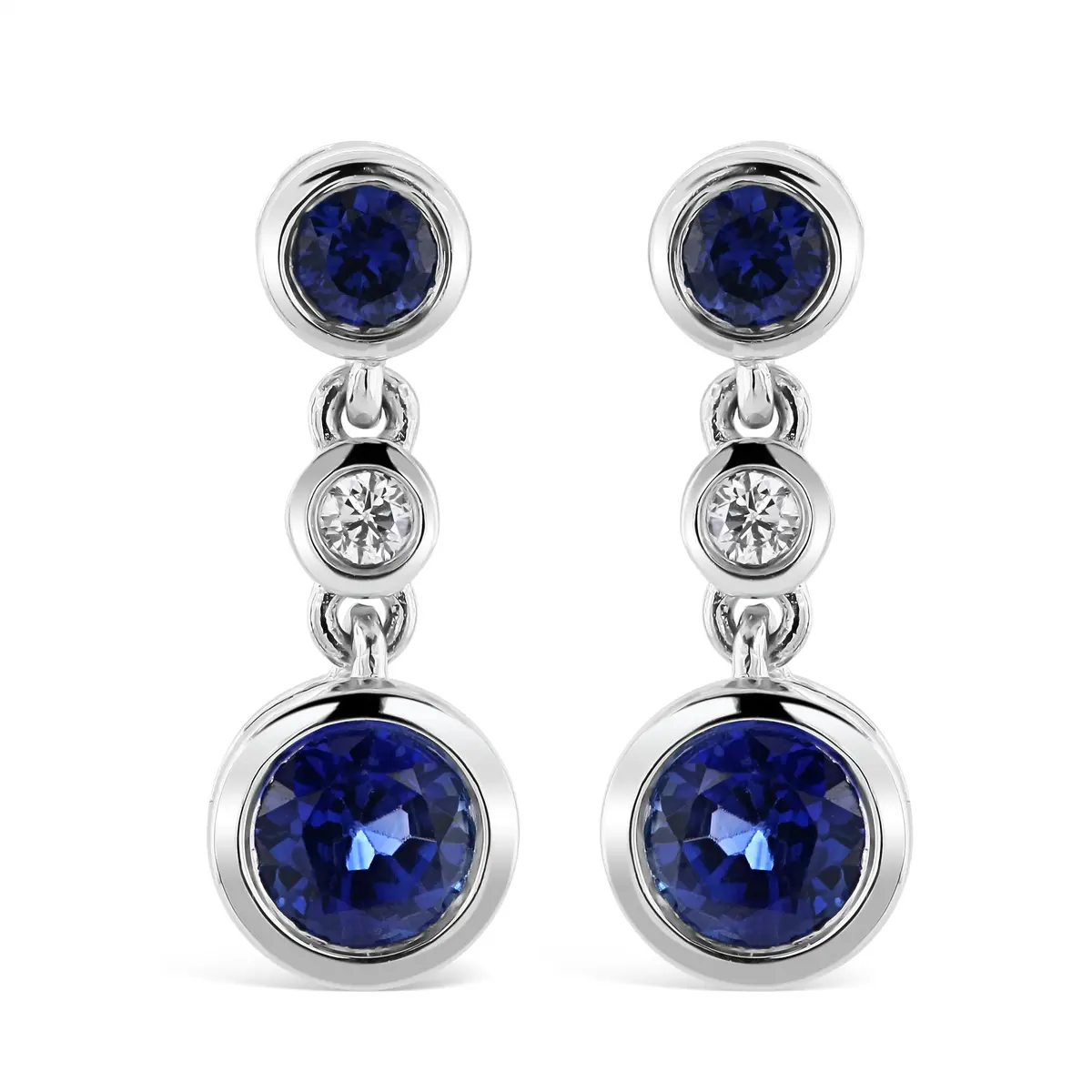 18Ct White Gold Rubover Set Sapphire & Diamond Drop Earrings 1