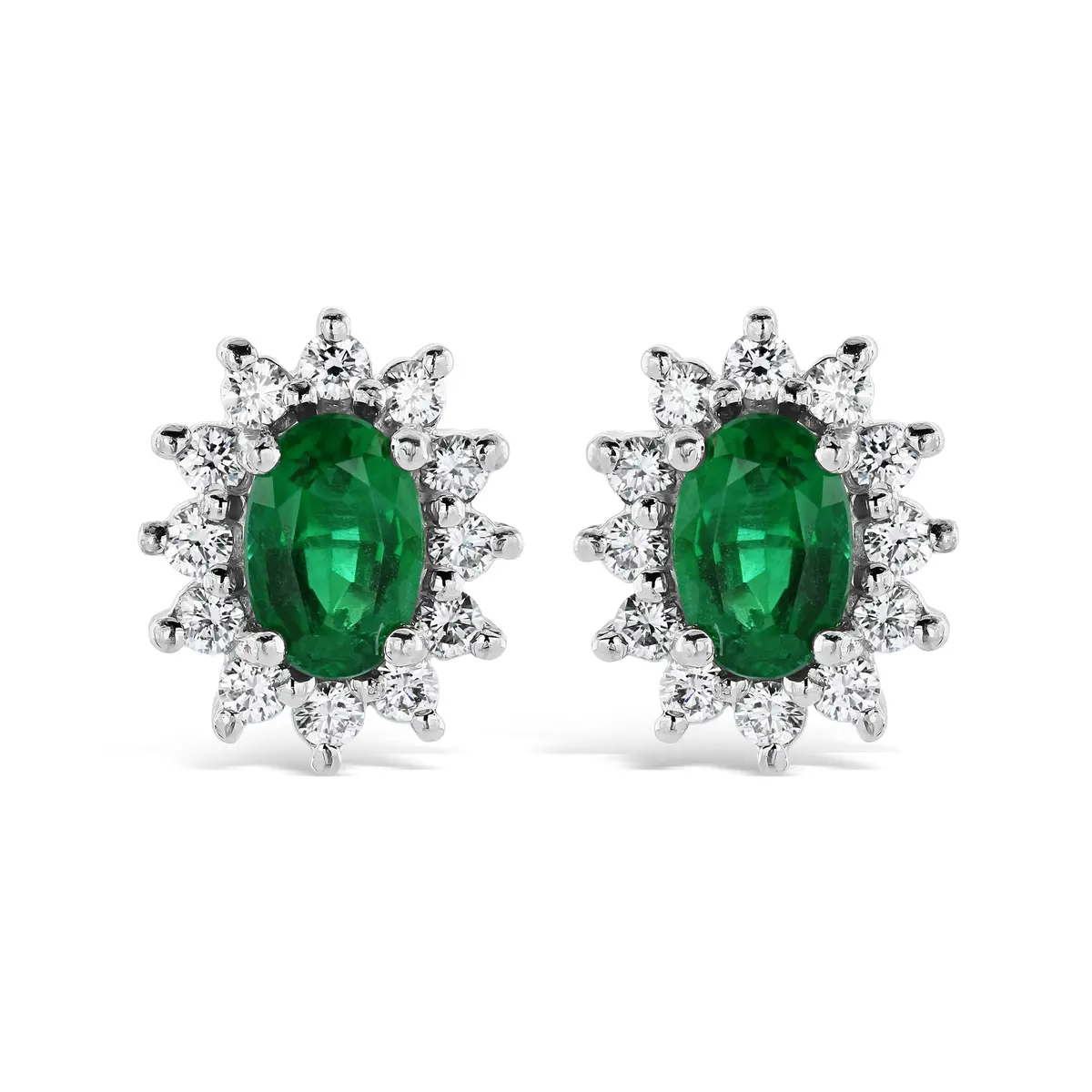 18Ct White Gold Oval Cut Emerald & Diamond Cluster Stud Earrings 1