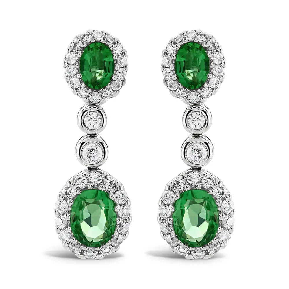 18Ct White Gold Oval Cut Emerald & Diamond Cluster Drop Earrings 1
