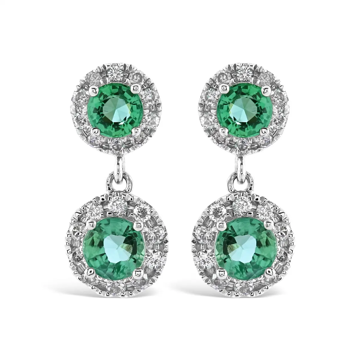 18Ct White Gold Round Cut Emerald & Diamond Cluster Drop Earrings 1
