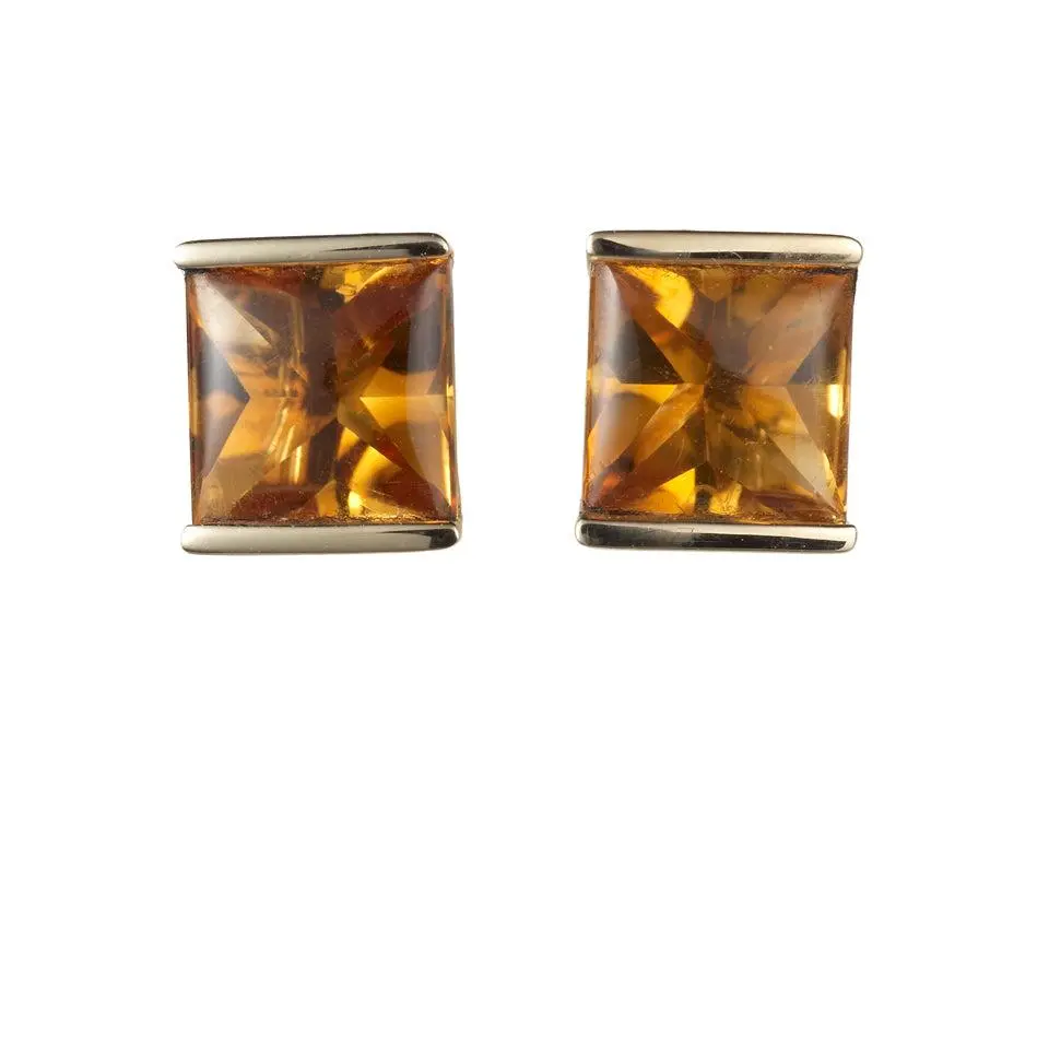 18Ct Yellow Gold Half Bezel Set Square Cut Citrine Stud Earrings 1