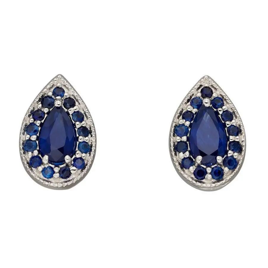 9Ct White Gold Pear-Shaped Sapphire Cluster Stud Earrings 1