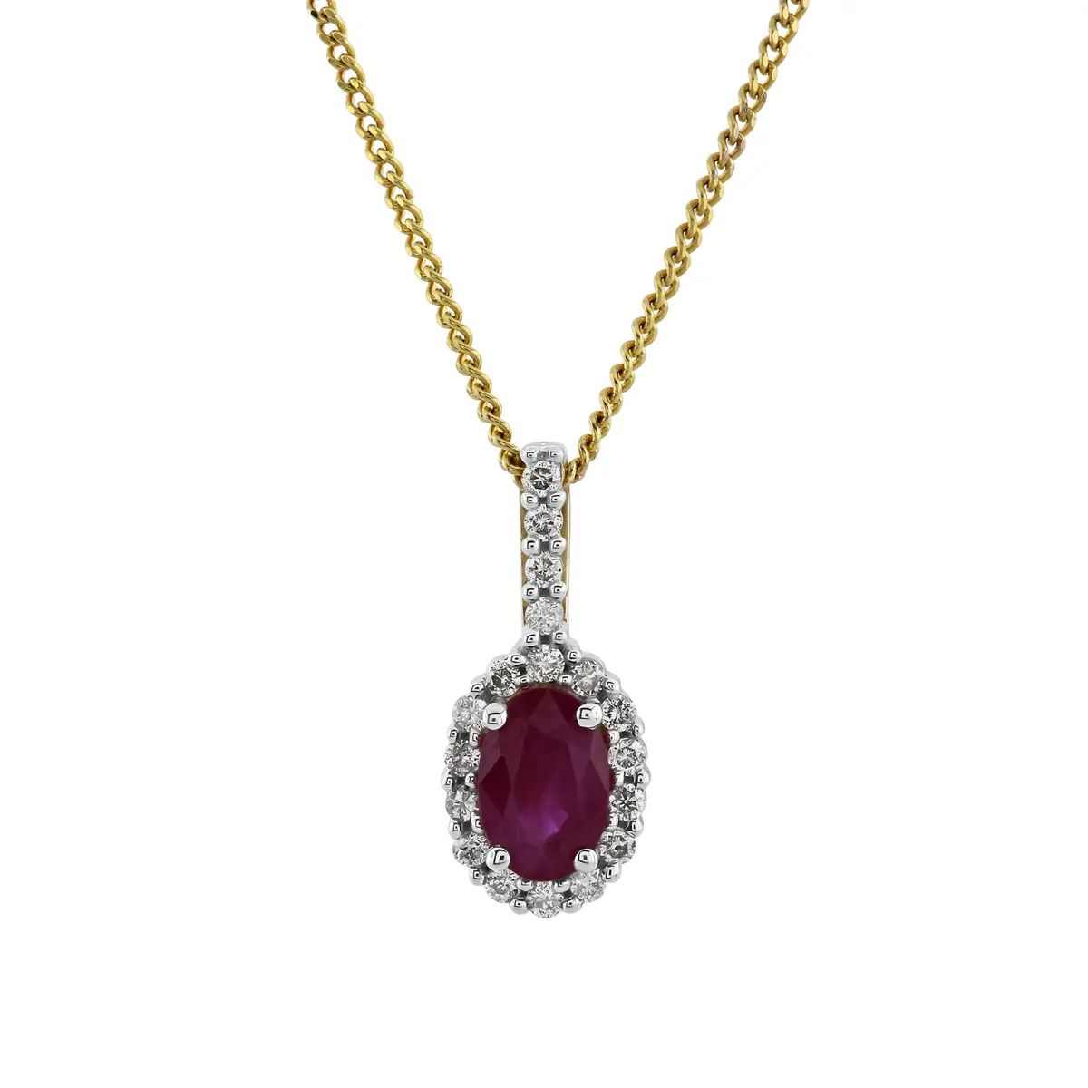 18Ct Yellow Gold Oval Ruby And Diamond Cluster Pendant 1