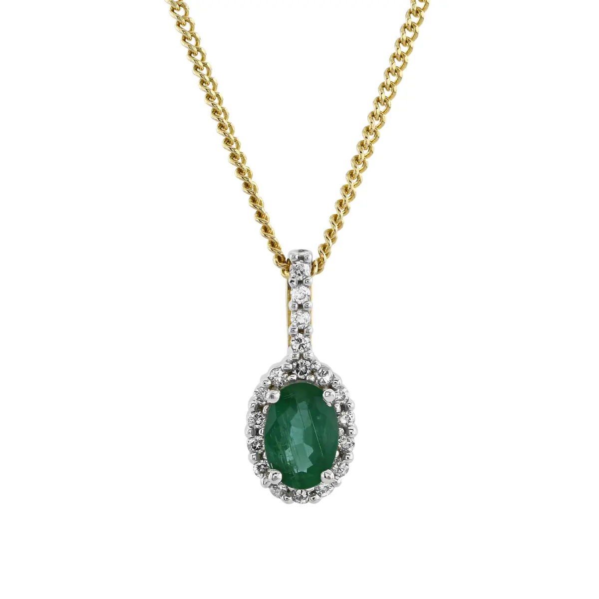 9Ct Yellow And White Gold Oval Emerald And Diamond Cluster Pendant 1