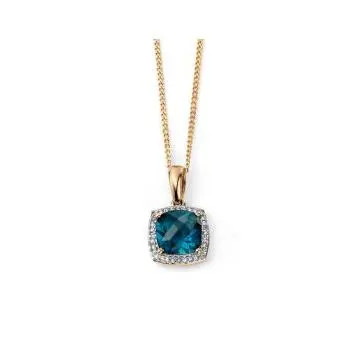 9Ct Yellow Gold Checkerboard London Blue Topaz & Diamond Pendant 1