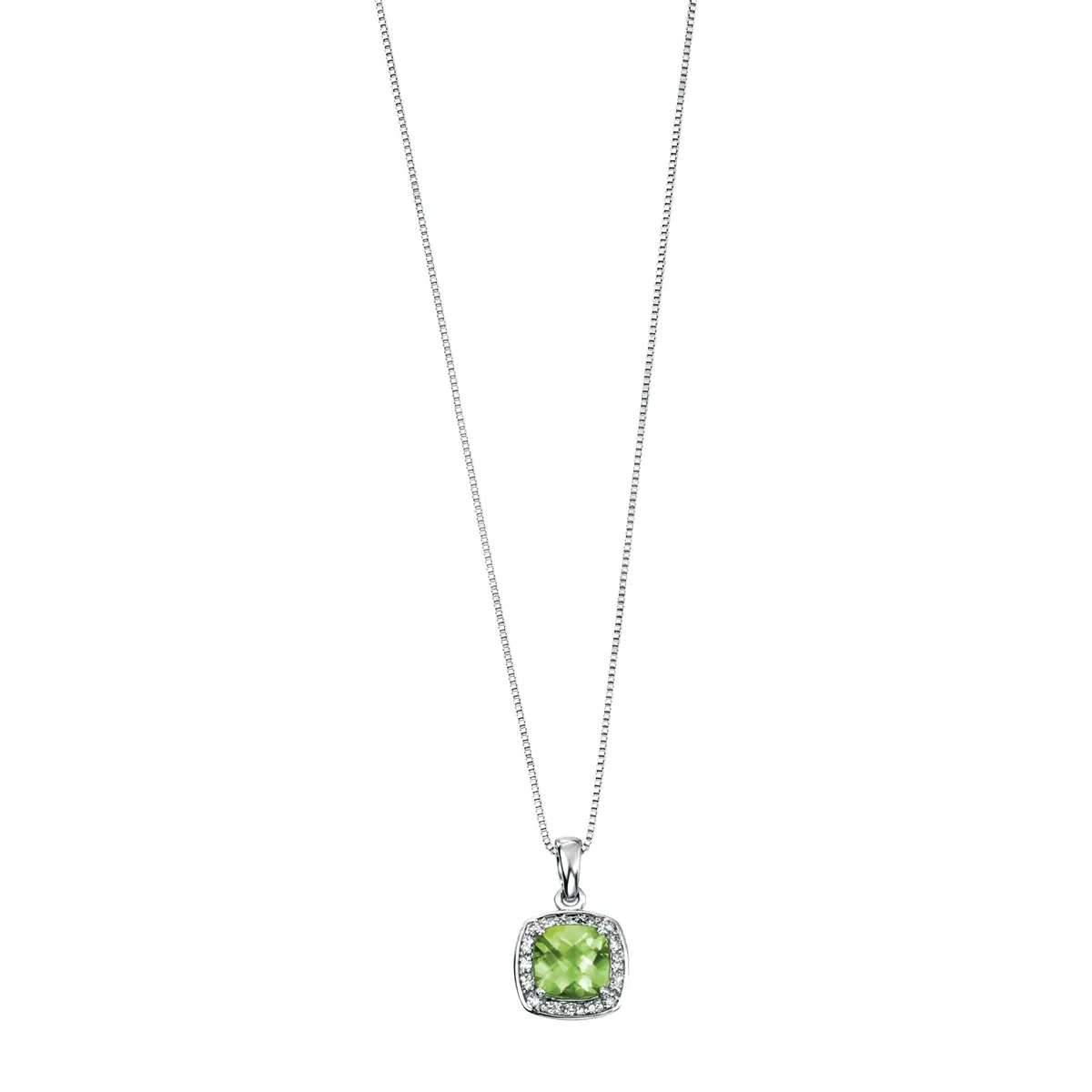 9Ct White Gold Cushion Cut Peridot & Diamond Halo Cluster Pendant9ct White Gold Cushion Cut Peridot 1
