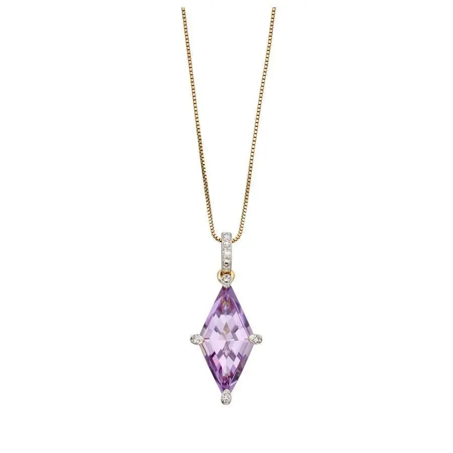 9Ct Yellow Gold Kite Shaped Amethyst & Diamond Pendant 1