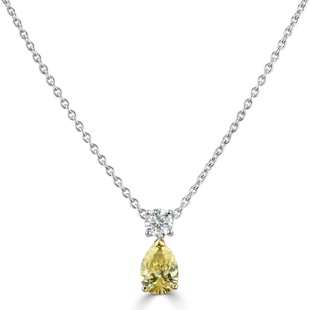 18Ct White Gold Pear Cut Fancy Yellow Diamond & Round Brilliant Cut Diamond Drop Pendant 1