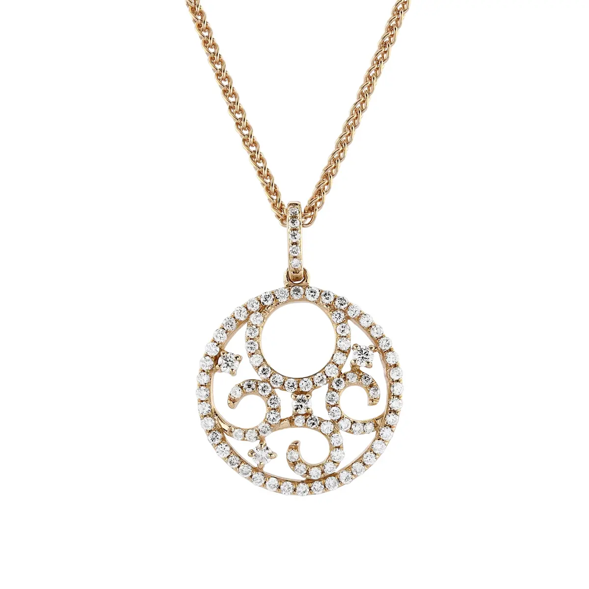 18Ct Rose Gold Diamond Set Circle Swirl Pendant 1