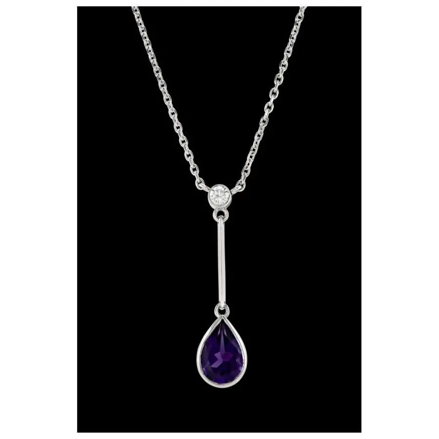 18Ct White Gold Pear Cut Amethyst & Diamond Long Drop Pendant & Chain 1