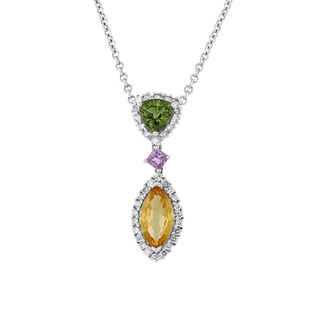 18Ct White Gold Multi-Coloured Fancy Sapphire & Diamond Pendant & Chain 1