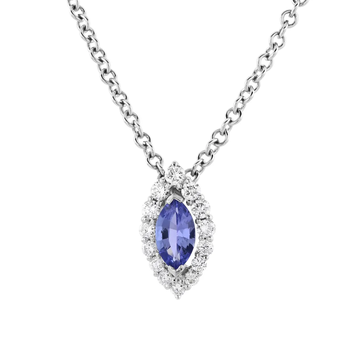 18Ct White Gold Marquise Cut Tanzanite & Diamond Halo Cluster Pendant & Chain 1