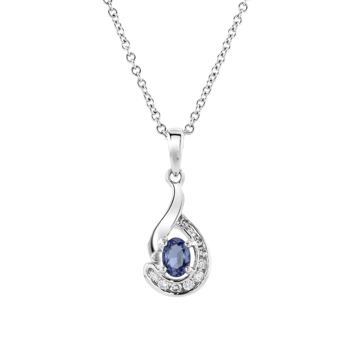 18Ct White Gold Oval Cut Tanzanite & Diamond Teardrop Shaped Pendant & Chain 1