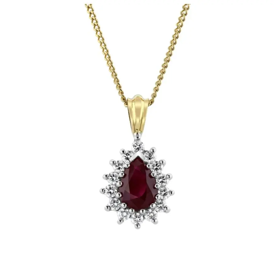 18Ct Yellow Gold Pear Cut Ruby & Diamond Cluster Pendant 1