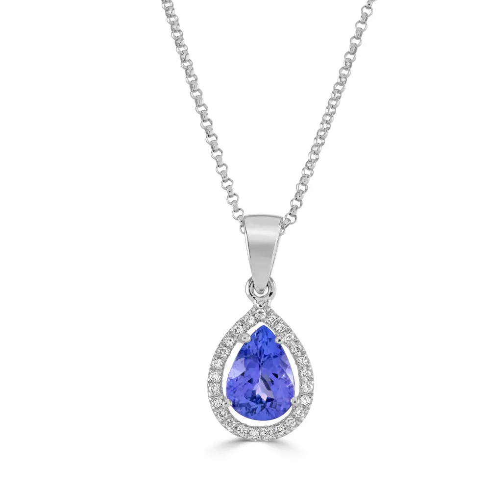 18Ct White Gold Pear Cut Tanzanite & Diamond Cluster Pendant 1