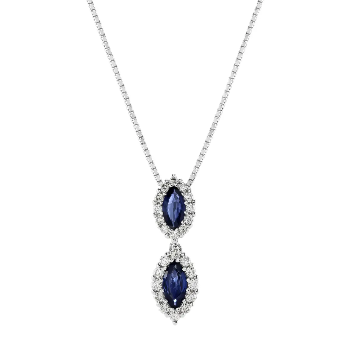 18Ct White Gold Marquise Cut Sapphire & Diamond Halo Cluster Drop Pendant 1