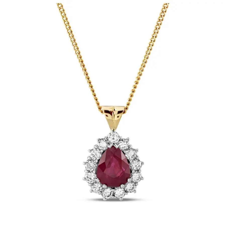 18Ct Yellow Gold Pear Cut Ruby & Diamond Cluster Pendant & Chain 1