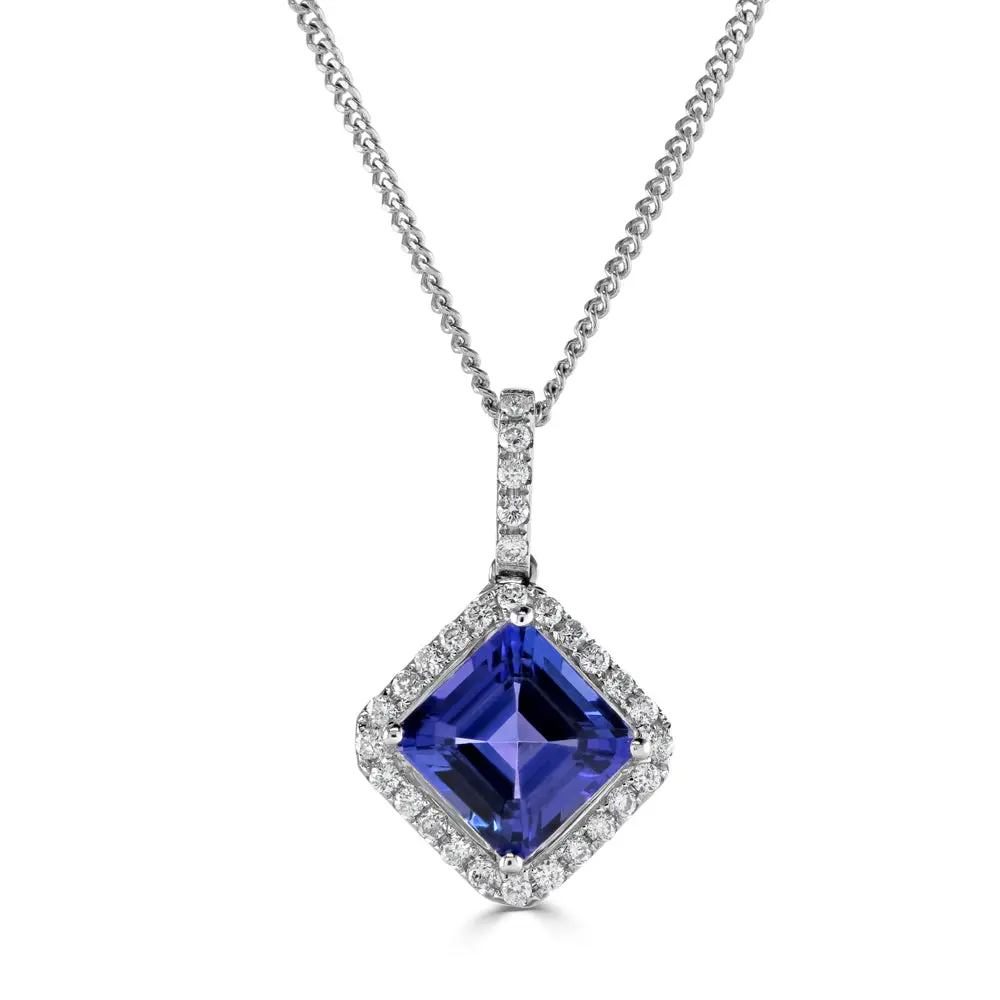 18Ct White Gold Square Cut Tanzanite & Diamond Halo Cluster Pendant 1