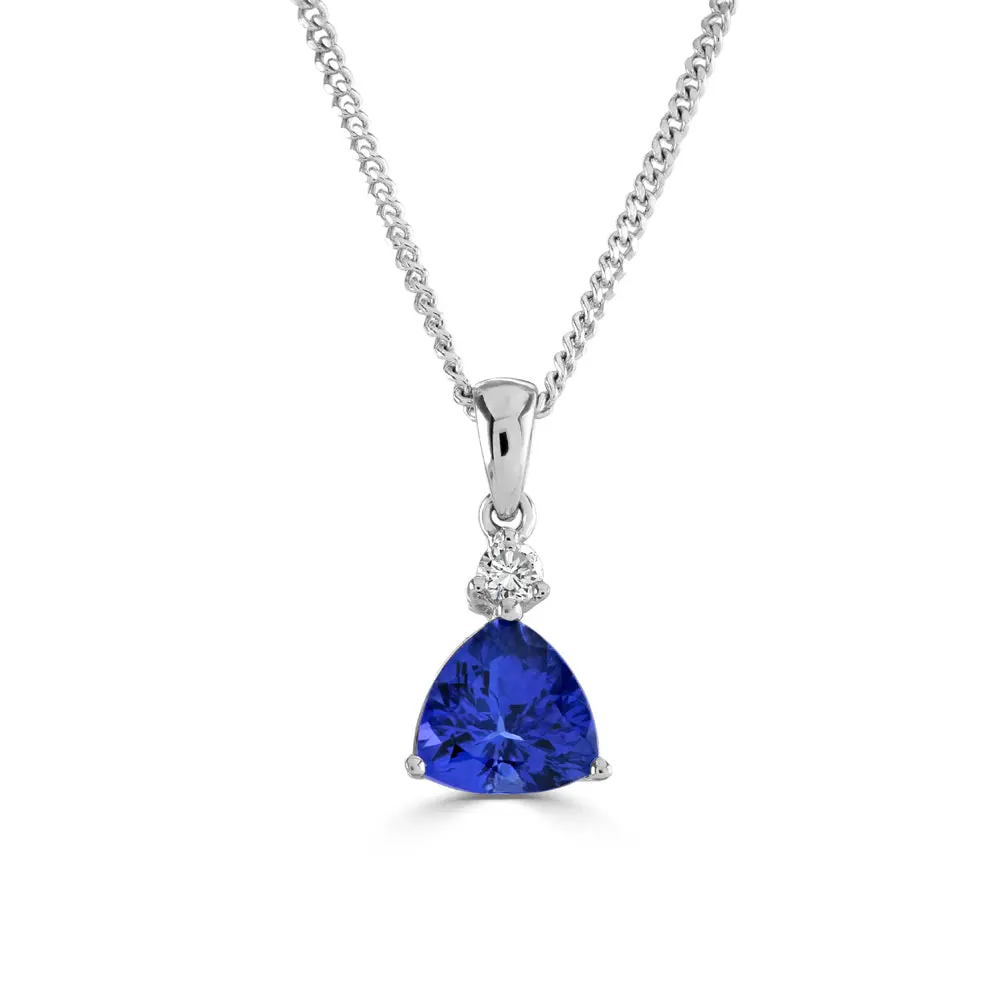18Ct White Gold Trilliant Cut Tanzanite & Round Brilliant Cut Diamond Pendant 1