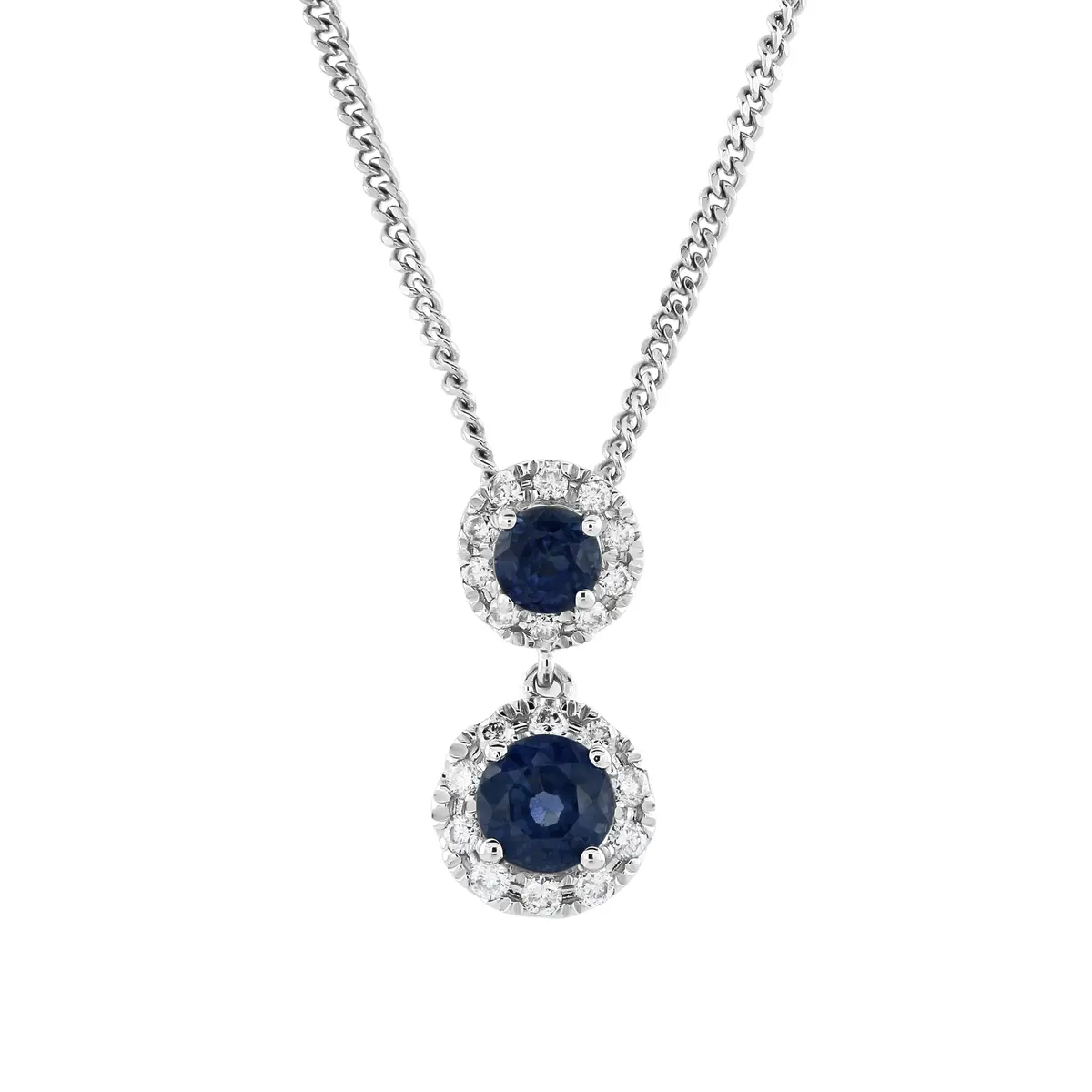 18Ct White Gold Round Cut Sapphire & Diamond Halo Cluster Drop Pendant 1