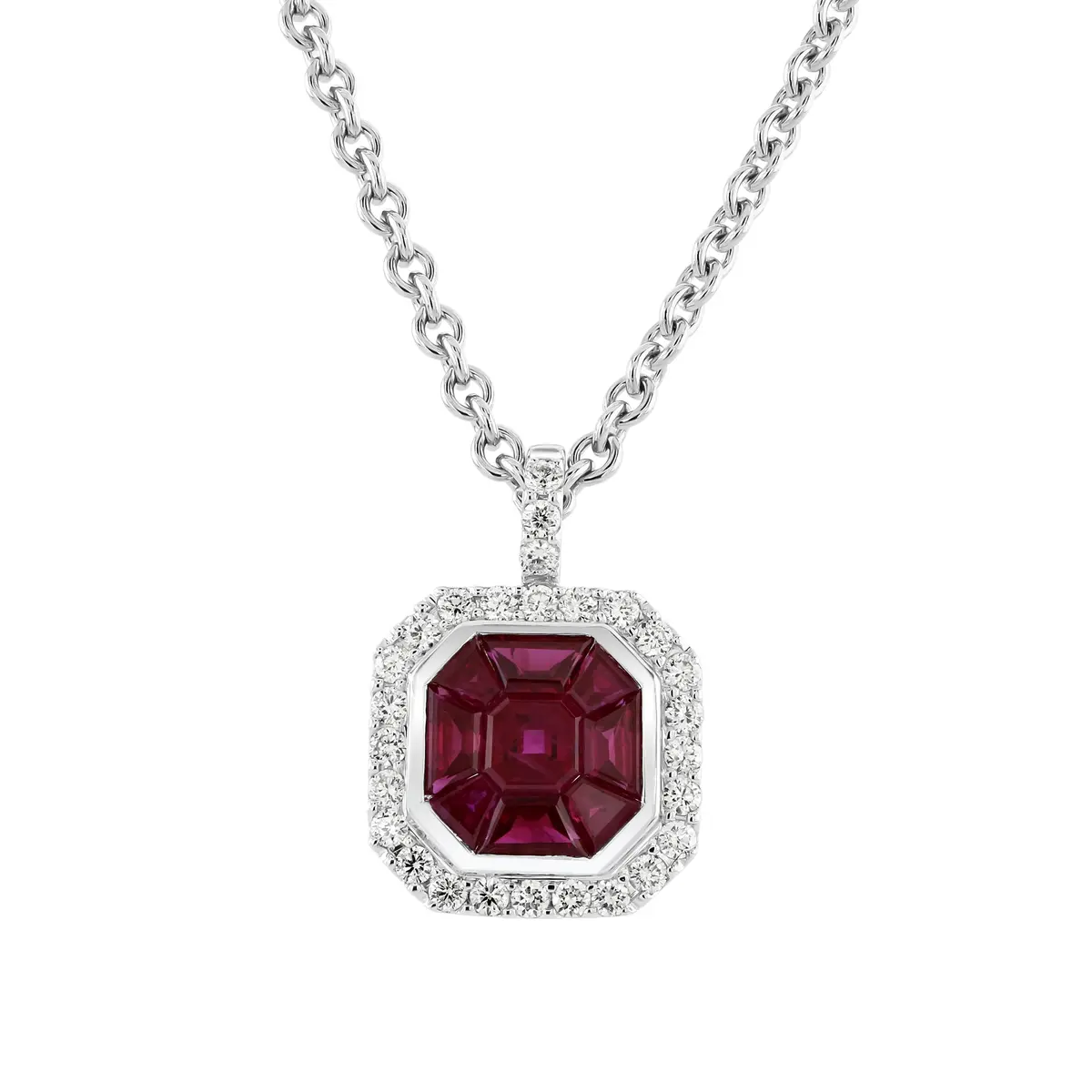 18Ct White Gold Invisible Set Octagonal Ruby & Diamond Cluster Pendant 1