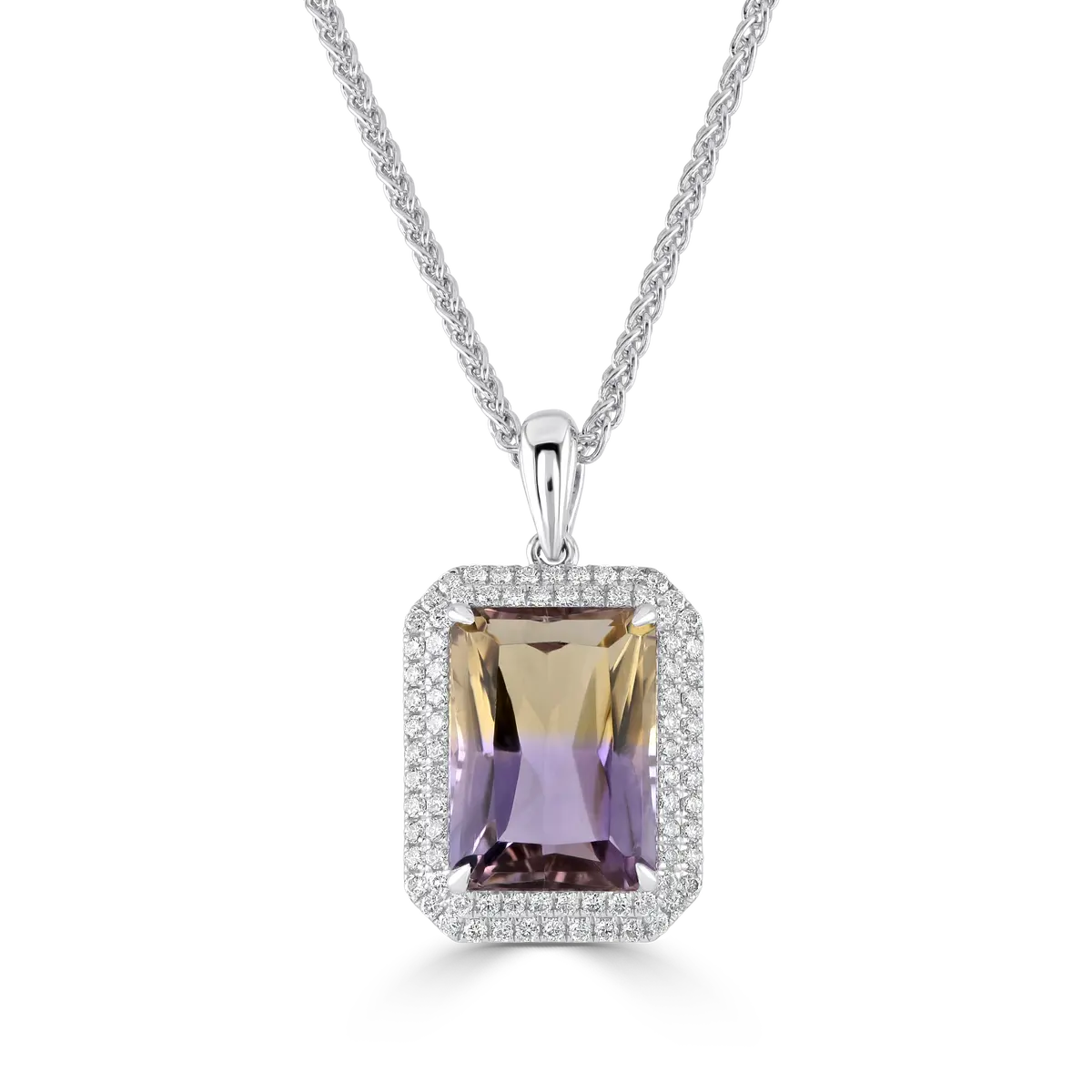 18Ct White Gold Rectangular Cut Ametrine & Diamond Double Halo Cluster Pendant 1
