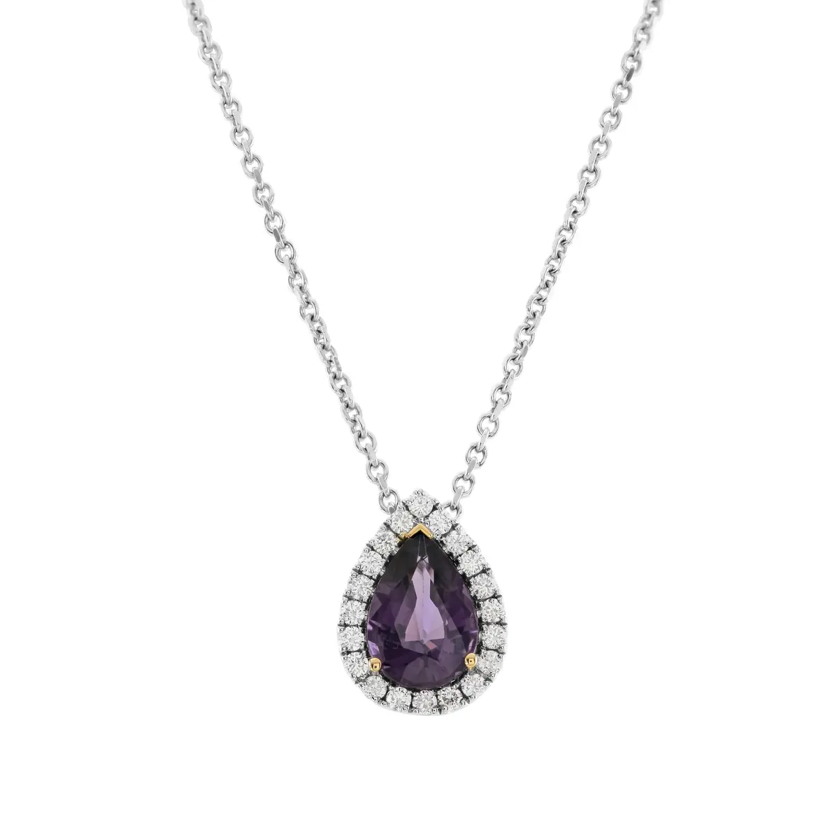 18Ct White & Rose Gold Pear Cut Purple Spinel & Diamond Halo Cluster Pendant & Chain 1