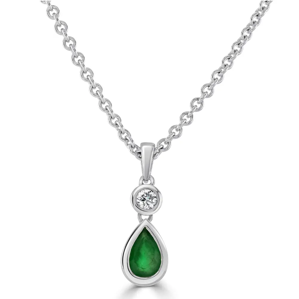 18Ct White Gold Rubover Set Pear Cut Emerald & Round Brilliant Cut Diamond Pendant 1