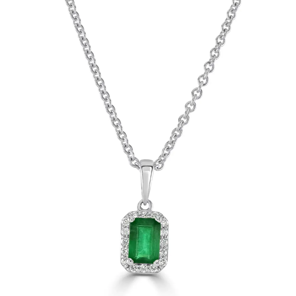 18Ct White Gold Octagonal Cut Emerald & Diamond Halo Cluster Pendant 1