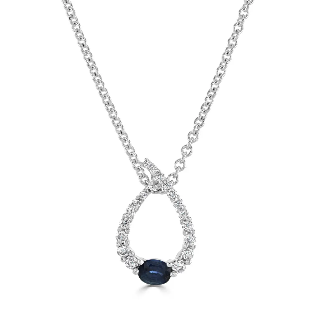 18Ct White Gold Oval Cut Sapphire & Diamond Loop Pendant 1