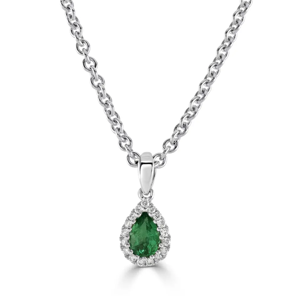 18Ct White Gold Pear Cut Emerald & Diamond Halo Cluster Pendant 1