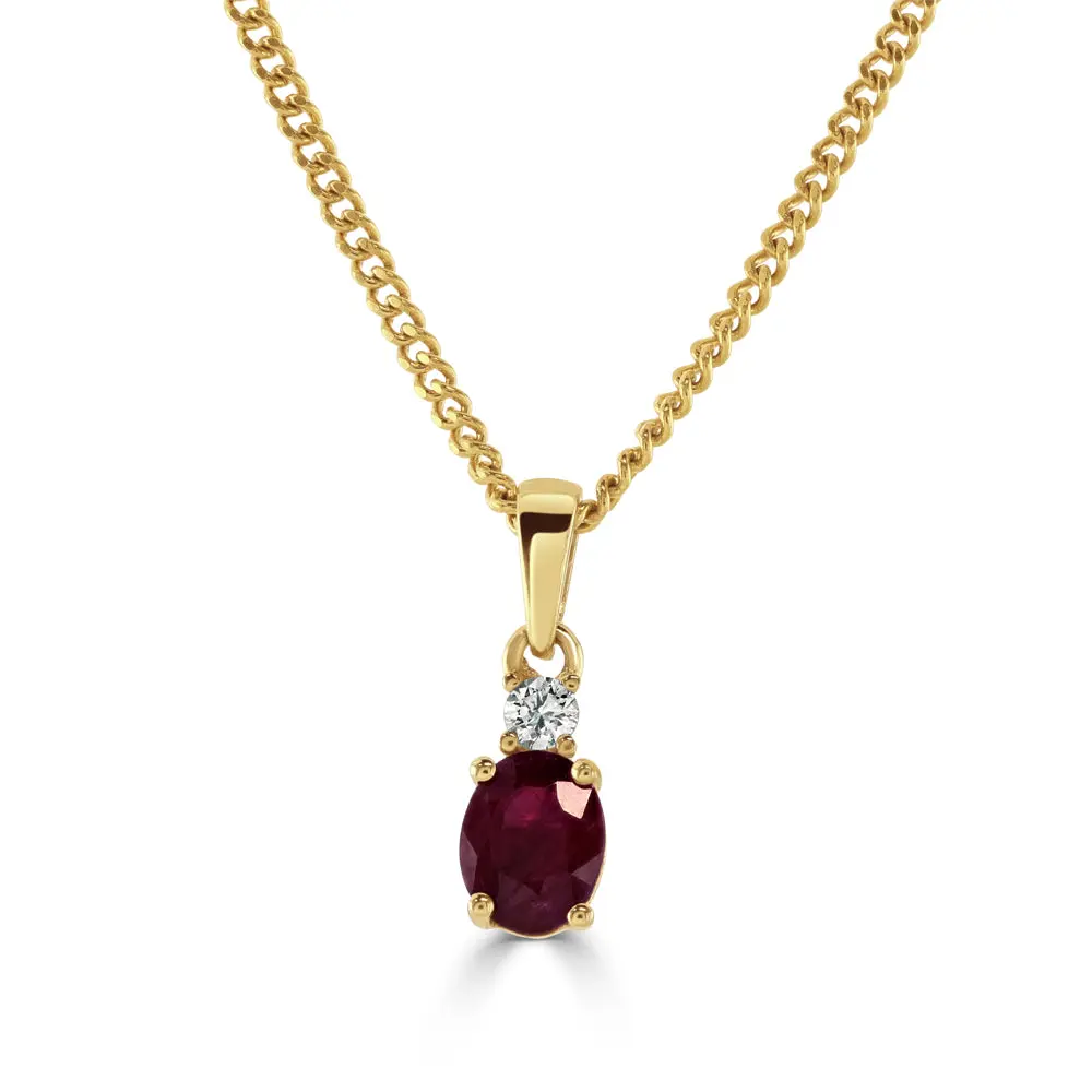 18Ct Yellow Gold Oval Cut Ruby & Round Brilliant Cut Diamond Drop Pendant 1