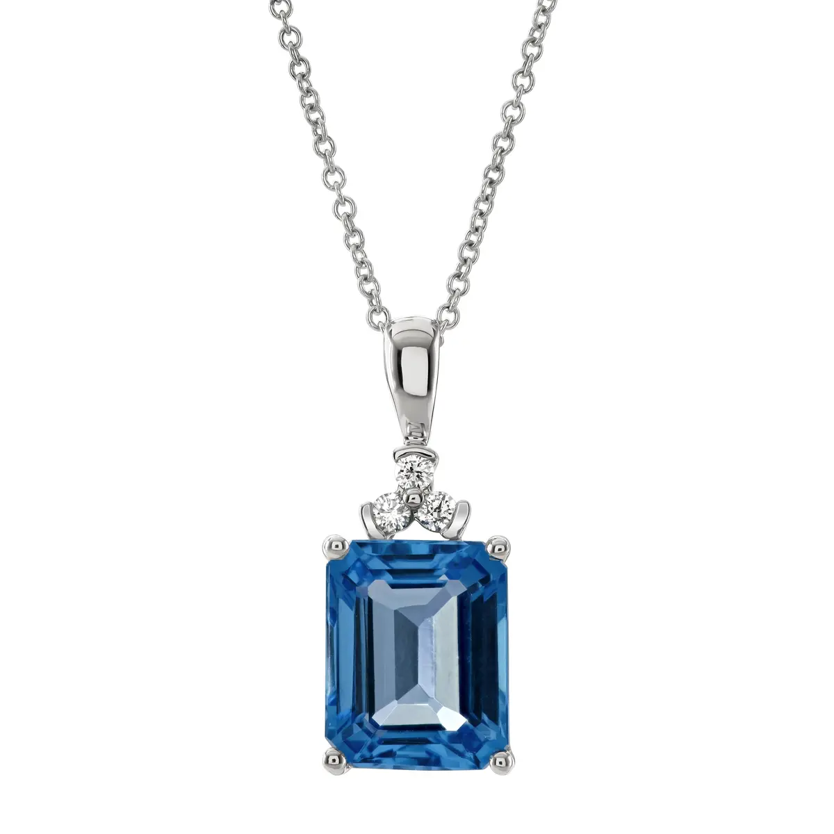 18Ct White Gold Rectangular Cut Blue Topaz & Diamond Pendant & Chain 1