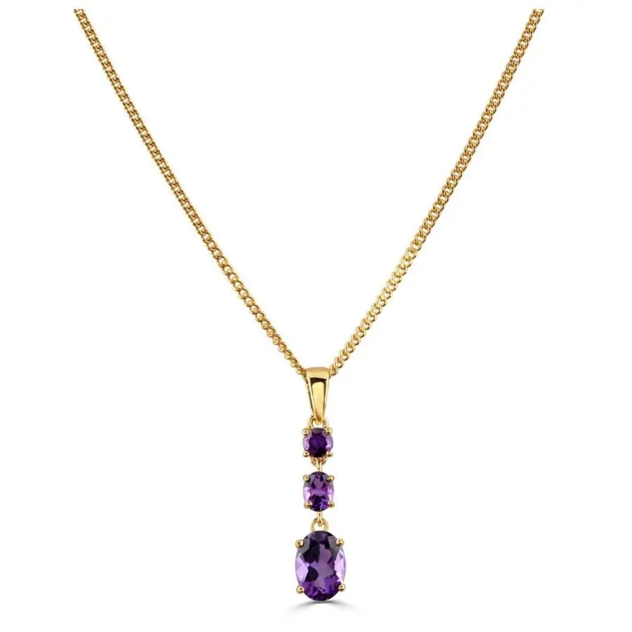 18Ct Yellow Gold Claw Set Oval Cut Amethyst Triple Drop Pendant 1