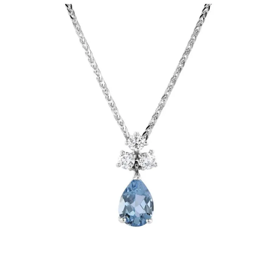 18Ct White Gold Pear Cut Aquamarine & Diamond Pendant & Chain 1
