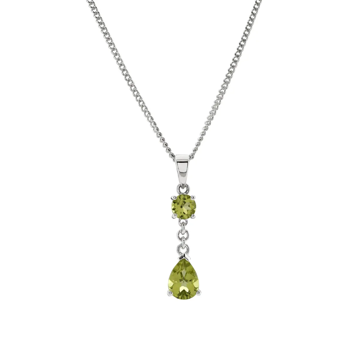 18Ct White Gold Peridot 2 Stone Drop Pendant 1 Pear Shape 1 Round 1