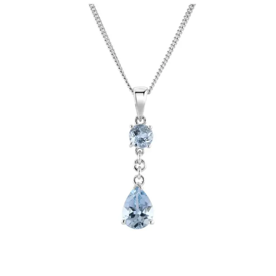 18Ct White Gold Tear Drop And Round Aquamarine Pendant 1