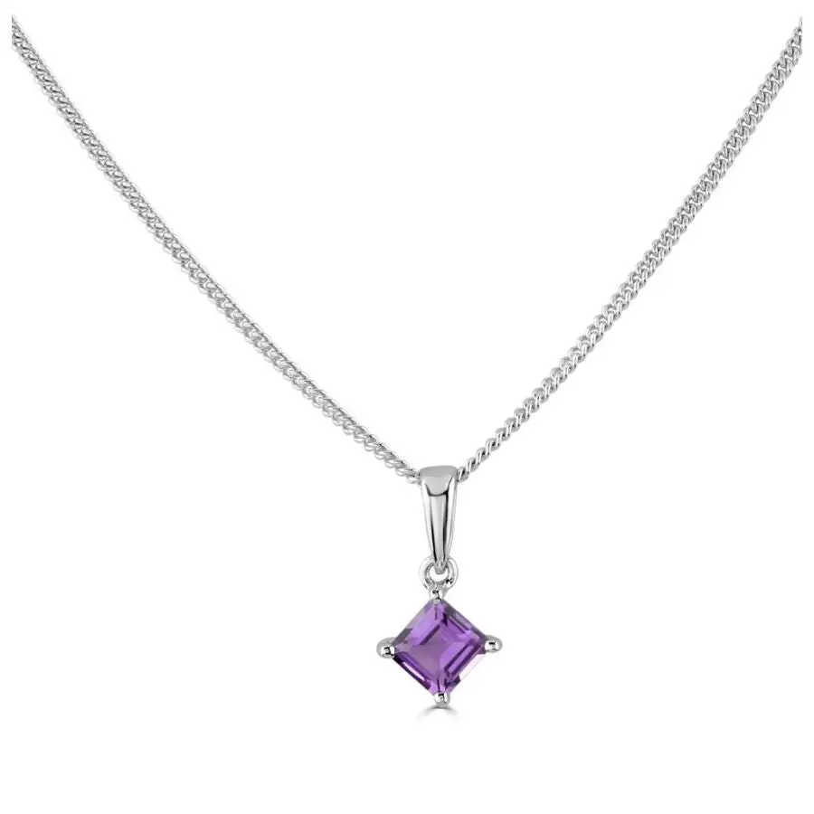 18Ct White Gold Square Amethyst Claw Set  Pendant 1