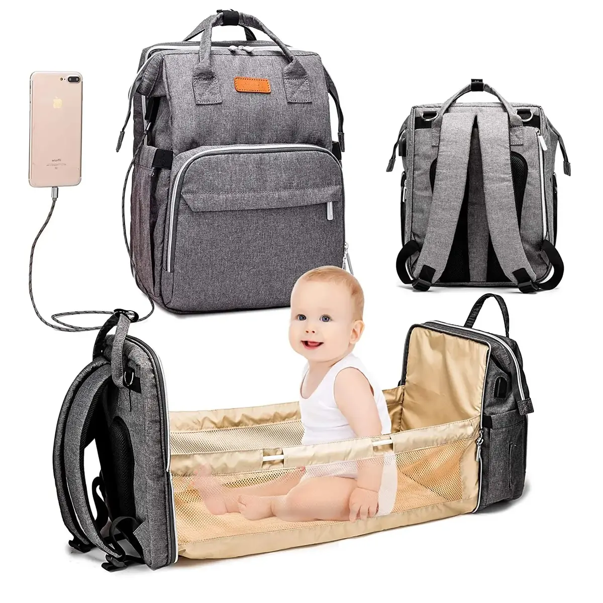 3 In 1 Travel Foldable Baby Bed Diaper Bag, Diaper Backpack Changing Station And Stroller Straps 1