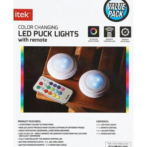 Itek Ccpl121351 Led Wireless Color Changing Puck Lights With Remote 2-Pack 1