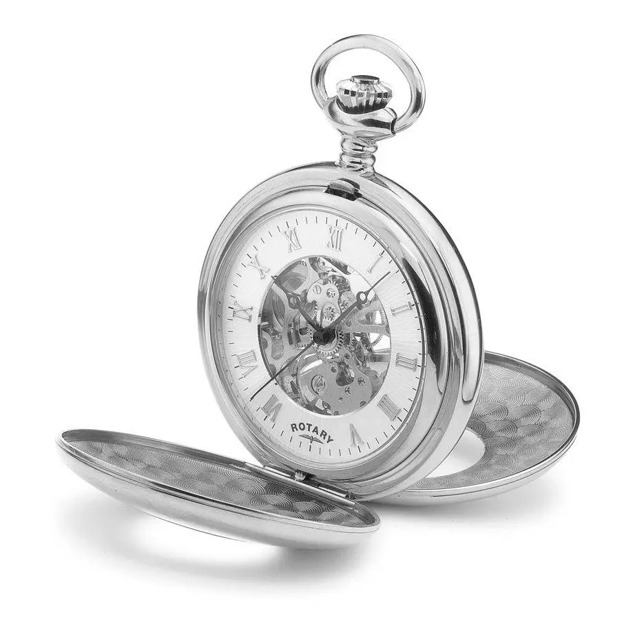Stainless Steel Case Skeleton Dial Double Half Hunter Mechanical Pocket Watch 1
