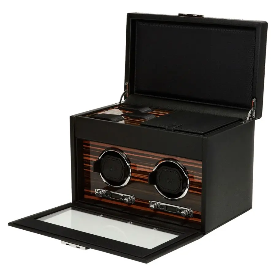 Roadster Black Leather Double Watch Winder With Storage 1
